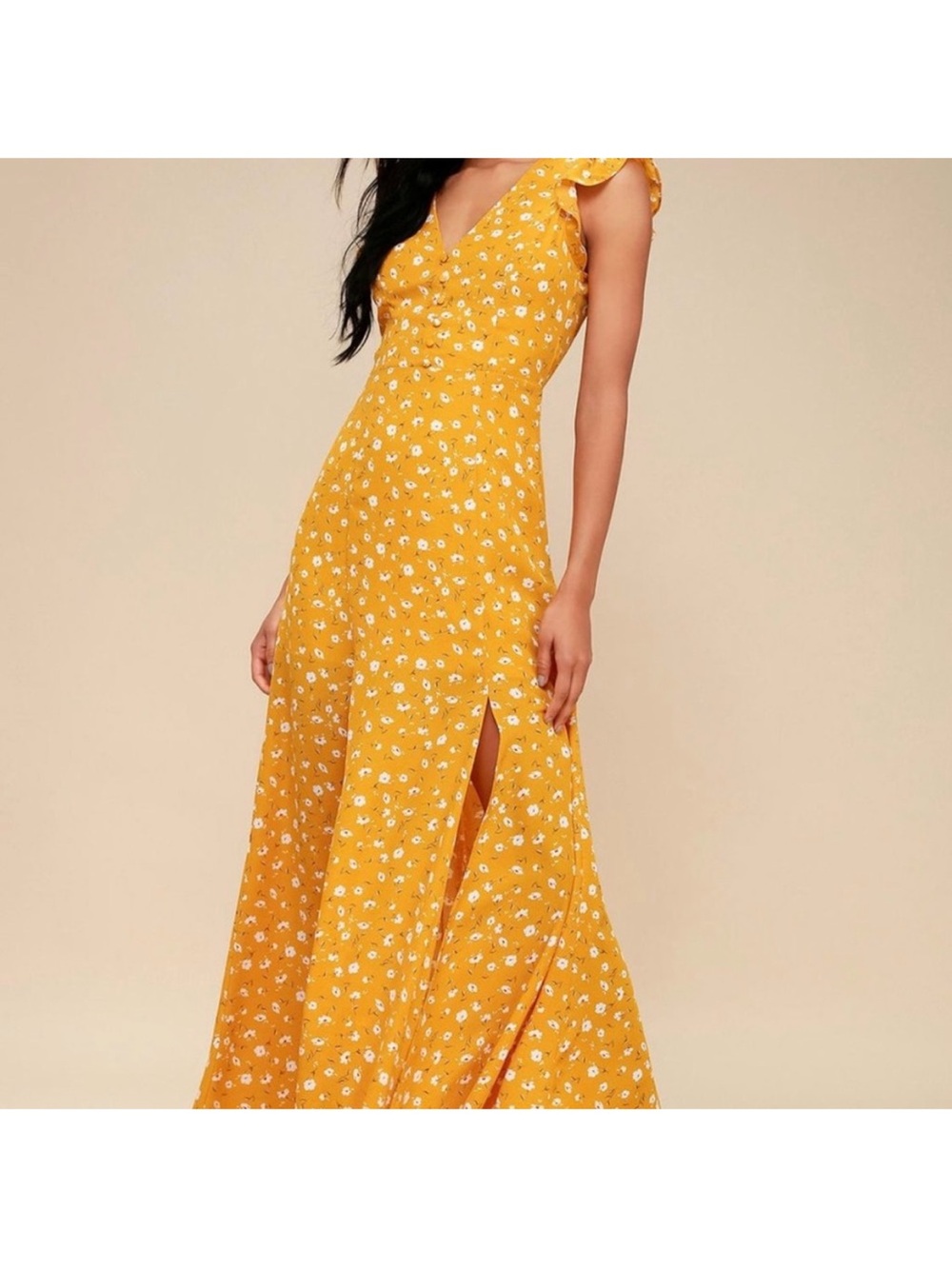 Lulus Yellow Floral V-Neck Maxi Dress with Flutter Sleeves - Picture 2 of 8